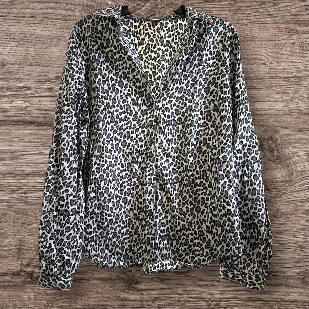 Lauren Ralph Lauren Button Front Long Sleeve 100% Cotton Blouse Animal Print XL